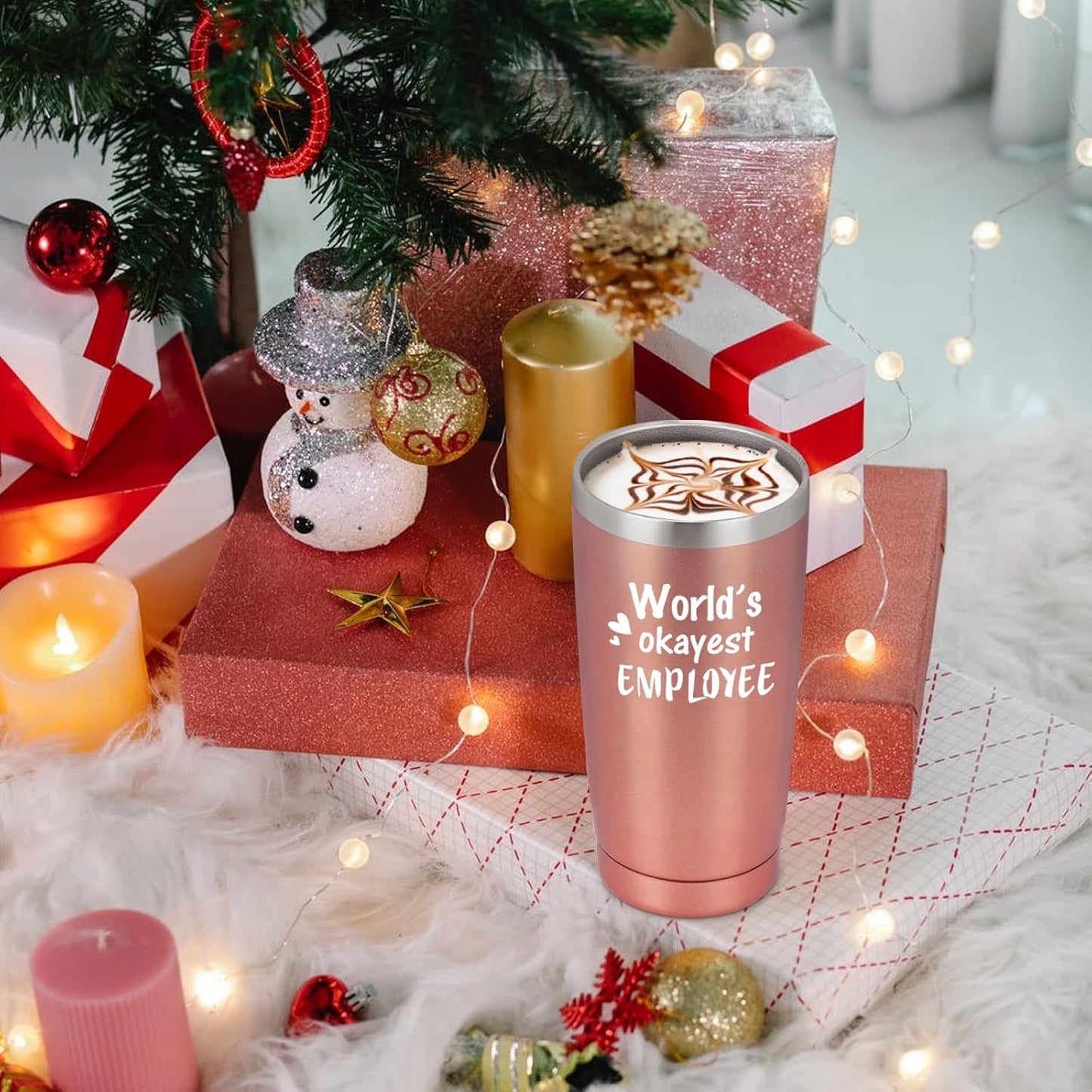 Worlds Okayest Employee Travel Tumbler, Employee Gifts for Women, Inspirational Gift for Employee Team Work Coworker, Boss Day Gifts, Christmas Gifts, 20Oz Stainless Steel Tumbler, Rose Gold