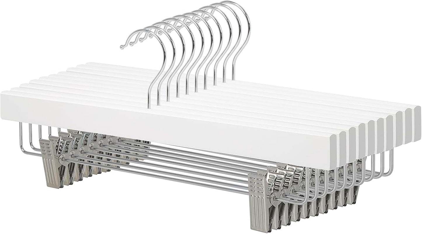 Durable Wooden Pants and Skirt Hangers with Clips - White, 10-Pack