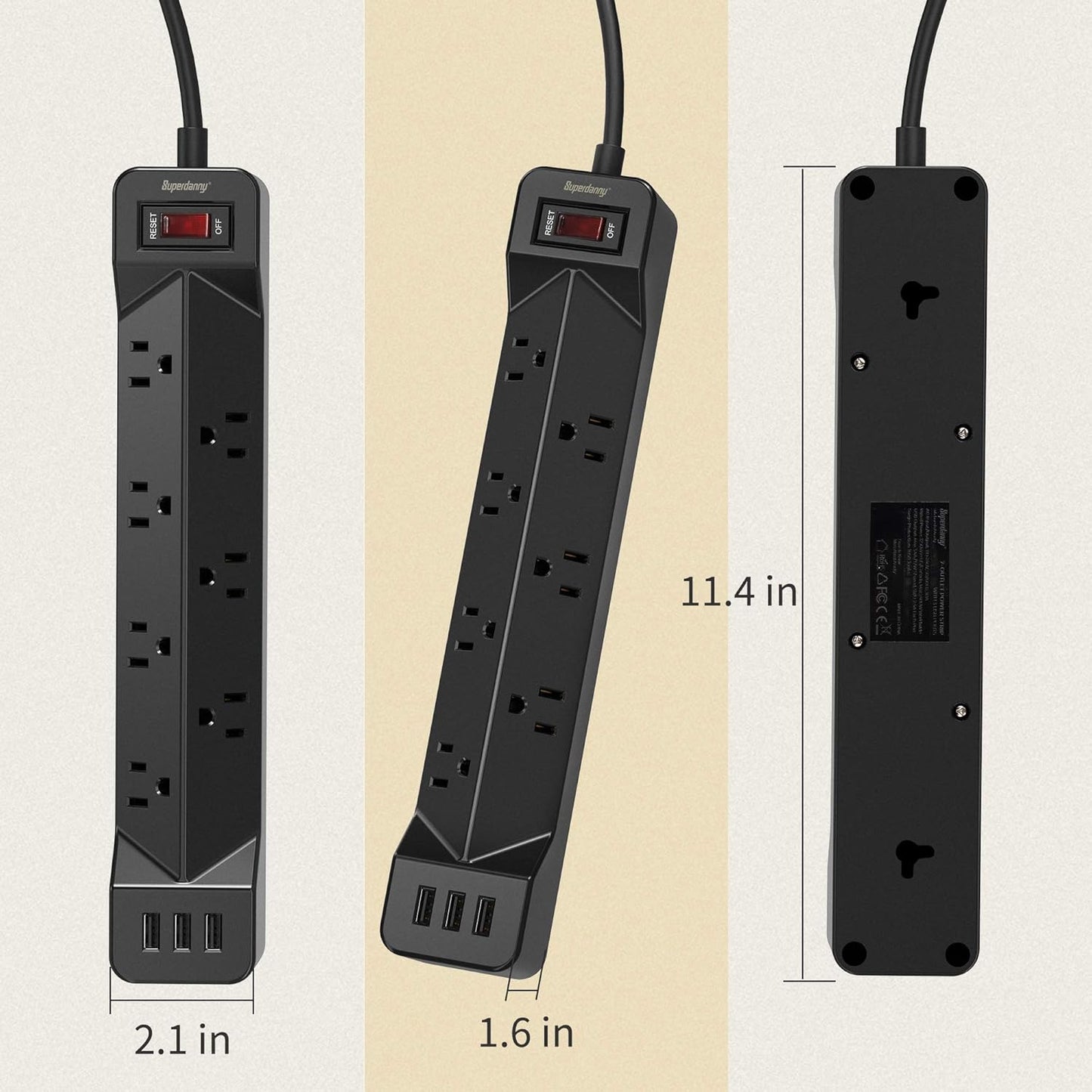 16.5FT Power Strip Surge Protector Flat Plug with USB, 7 Wide Spaced Outlets 3 USB Ports Mountable Extension Cord Charging Station, Overload Protection for Home Office Hotel Dorm, Black