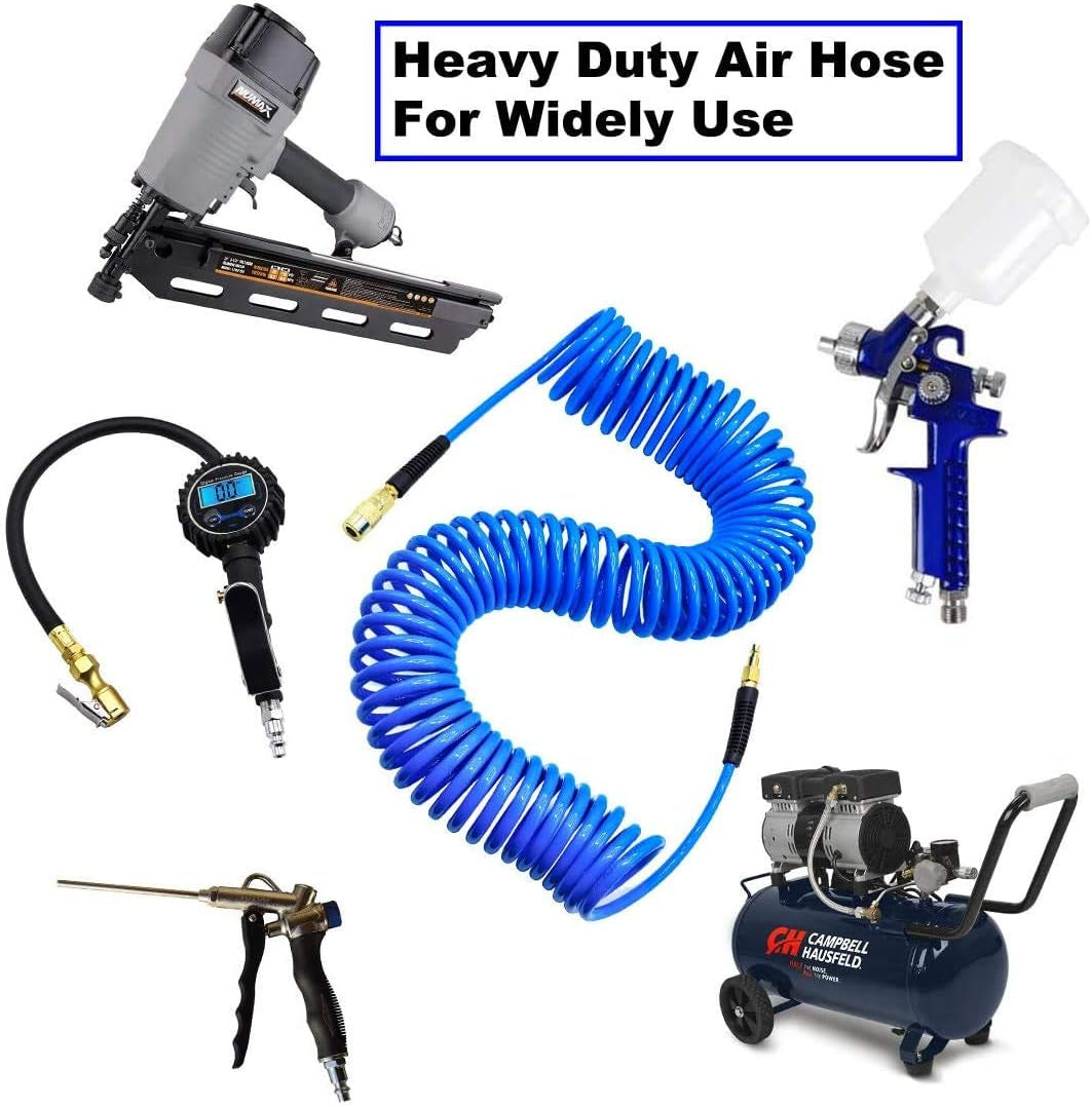 Polyurethane Recoil Air Hose, Air Compressor Hose 1/4" Inner Diameter by 25' Long with Bend Restrictor, 1/4" Industrial Quick Coupler and Plug, Blue