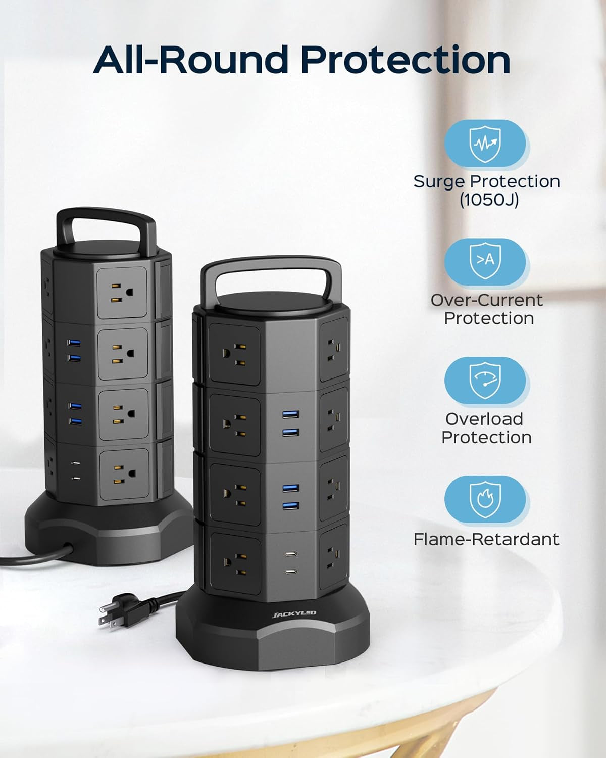 Power Strip Tower Surge Protector, 16 Outlets 6 USB (2 USB C) Charging Station, Extension Cord with Multiple Outlets, 1050J 1625W/13A Outlet Extender 6.5Ft Extension Cord for Home Office