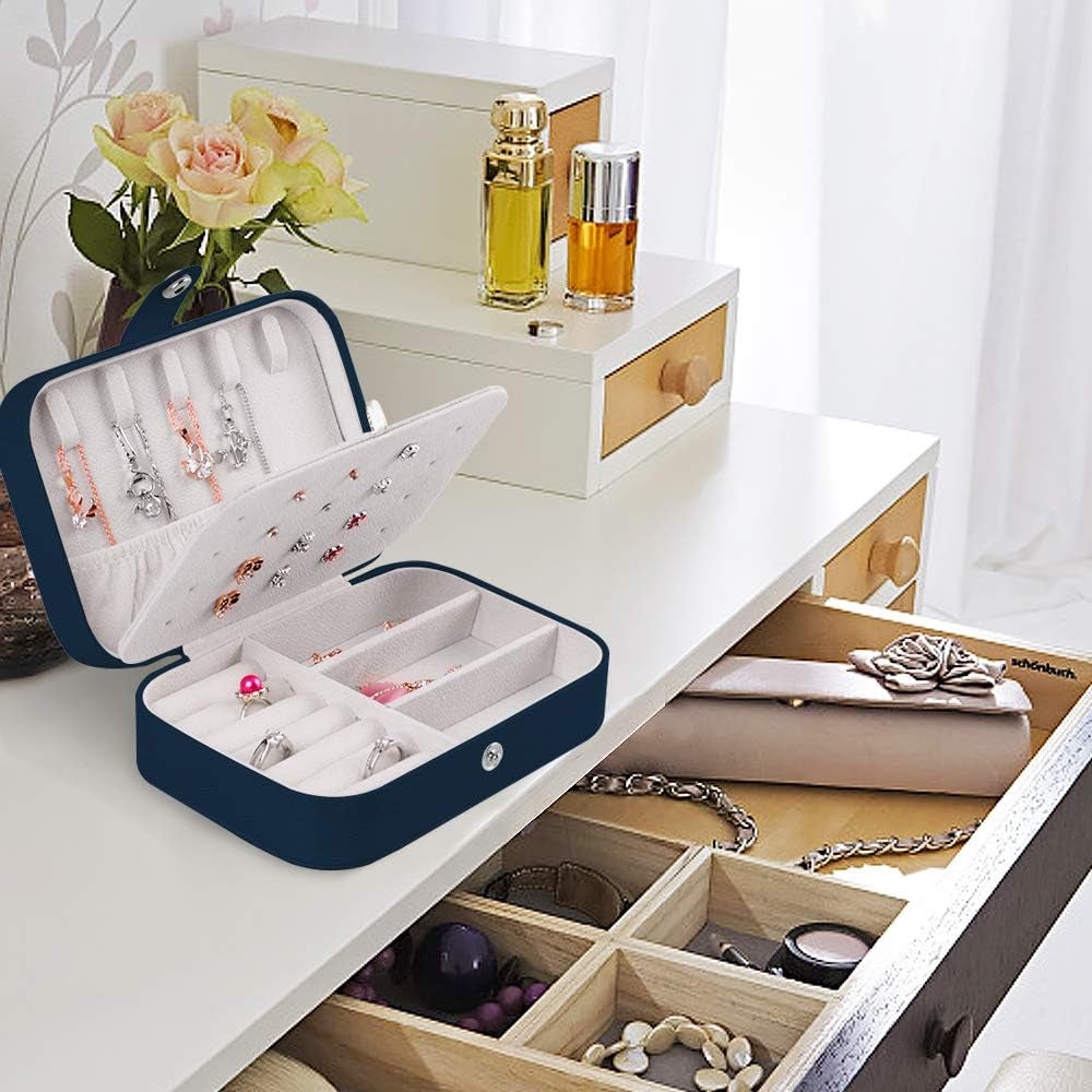 Travel Jewelry Organizer,Pu Leather Travel Jewelry Case,Double Layer Small Jewelry Box for Women Girls,Jewelry Organizer Box for Necklace,Ring,Earring (Navy Blue)
