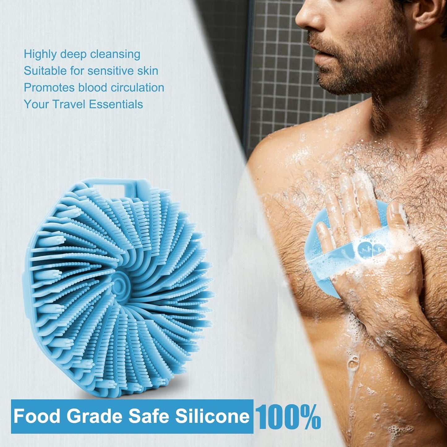 Silicone Body Scrubber, Body Wash Scrubber, Shower Scrubber for Body, Non-Slip Handle for Easy Cleaning, Travel Friendly (Blue)