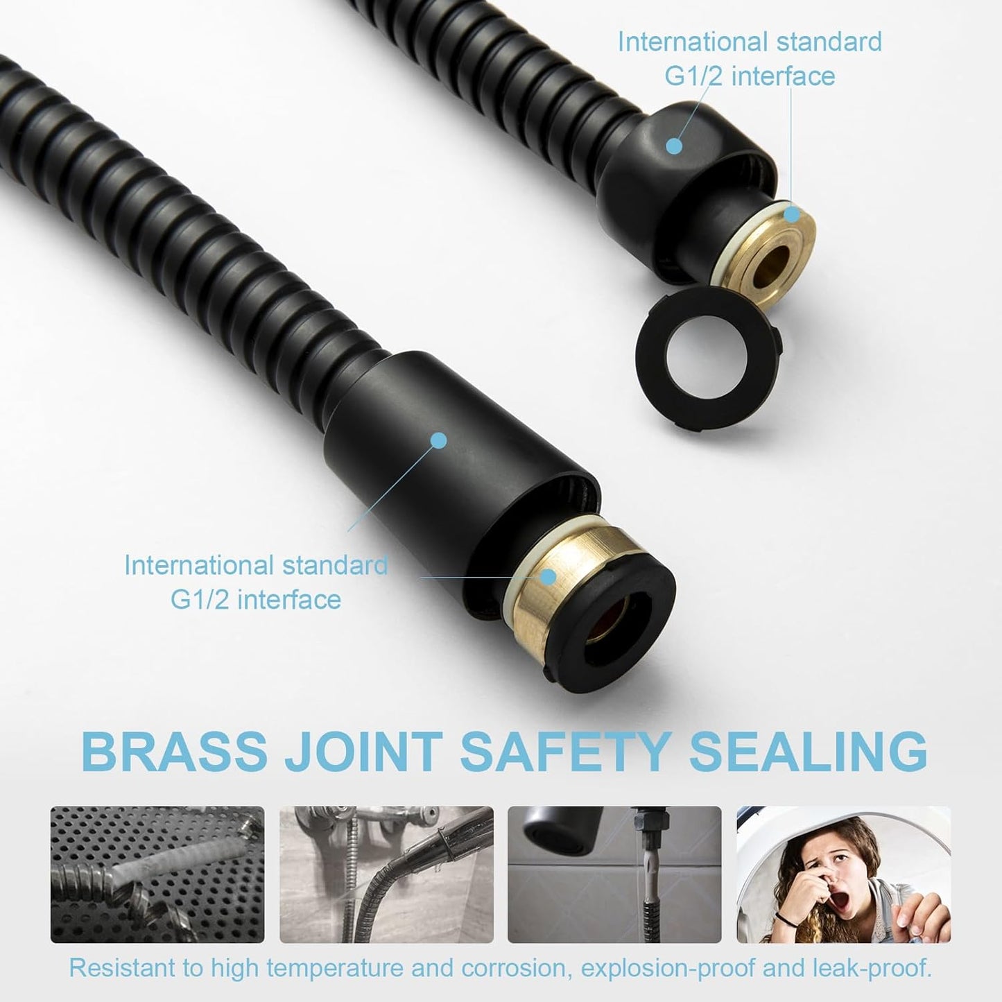 Shower Hose, Kink Free Stainless Steel Shower Hose Attachment Electroplating Handheld Shower Head Hose Flex Hoses Extension with Brass Insert & Nut for Pet Bathing Cleaning 60 In, Matte Black