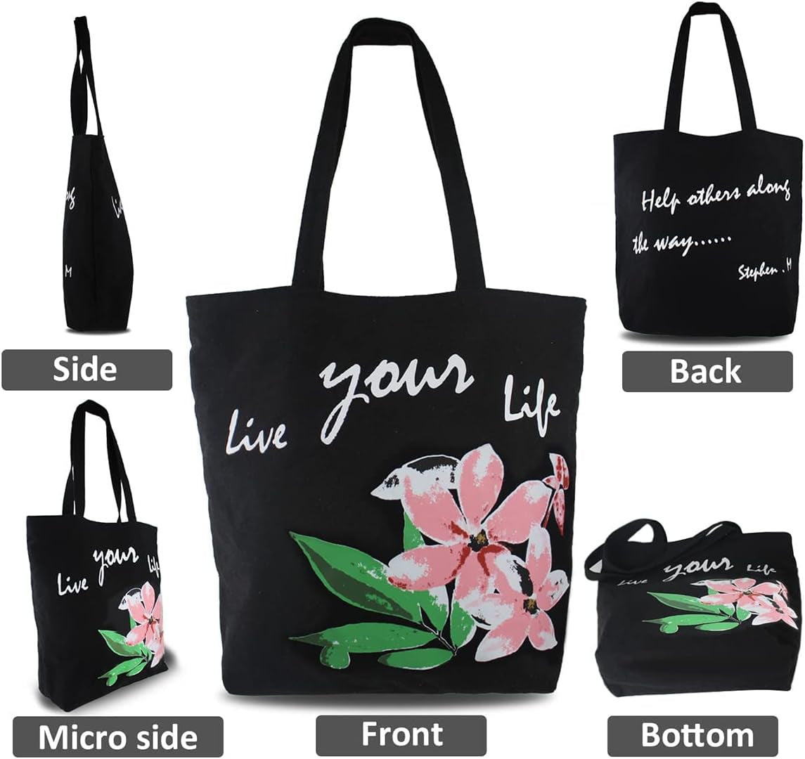 Canvas Tote Bag for Women, Beach Bags Reusable Gym Tote Bags Black with Colorful Flower- Large/Medium