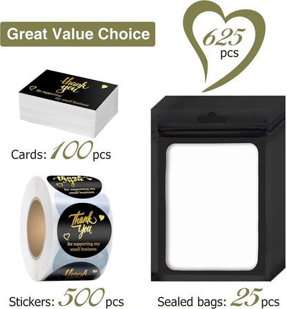 625 Pcs Thank You Stickers and Cards Set Include Resealable Packaging Bags 1.5 Inch Thanks for Supporting My Small Business Stickers and Grateful Business Cards, Suitable for Business Owners (Black)