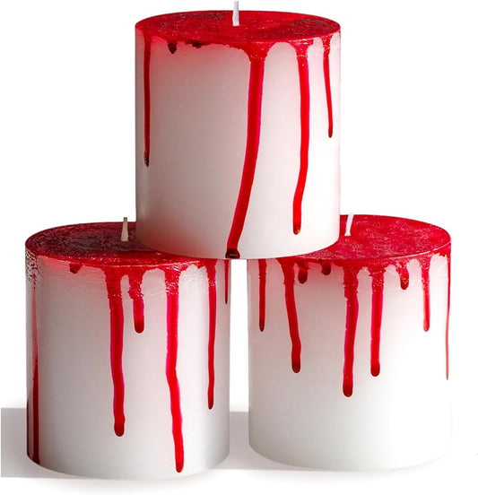 3X3 Pillar Candles Set of 3 - Rustic Unscented No Drip Bloody Candles for Halloween Decor, Parties, Gothic Décor