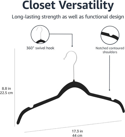 Slim, Velvet, Non-Slip Shirt Clothes Hangers, Pack of 30, Black
