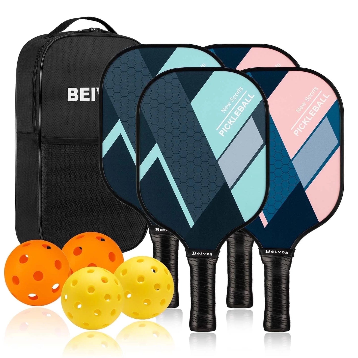 Pickleball Paddles Set of 4 with 4 Balls & Carry Bag - Lightweight 7.9Oz Fiberglass Racket, Non-Slip Comfort Grip, for Men & Women