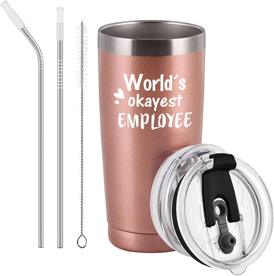 Worlds Okayest Employee Travel Tumbler, Employee Gifts for Women, Inspirational Gift for Employee Team Work Coworker, Boss Day Gifts, Christmas Gifts, 20Oz Stainless Steel Tumbler, Rose Gold