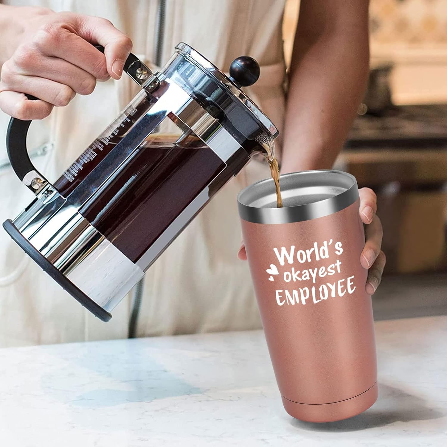 Worlds Okayest Employee Travel Tumbler, Employee Gifts for Women, Inspirational Gift for Employee Team Work Coworker, Boss Day Gifts, Christmas Gifts, 20Oz Stainless Steel Tumbler, Rose Gold