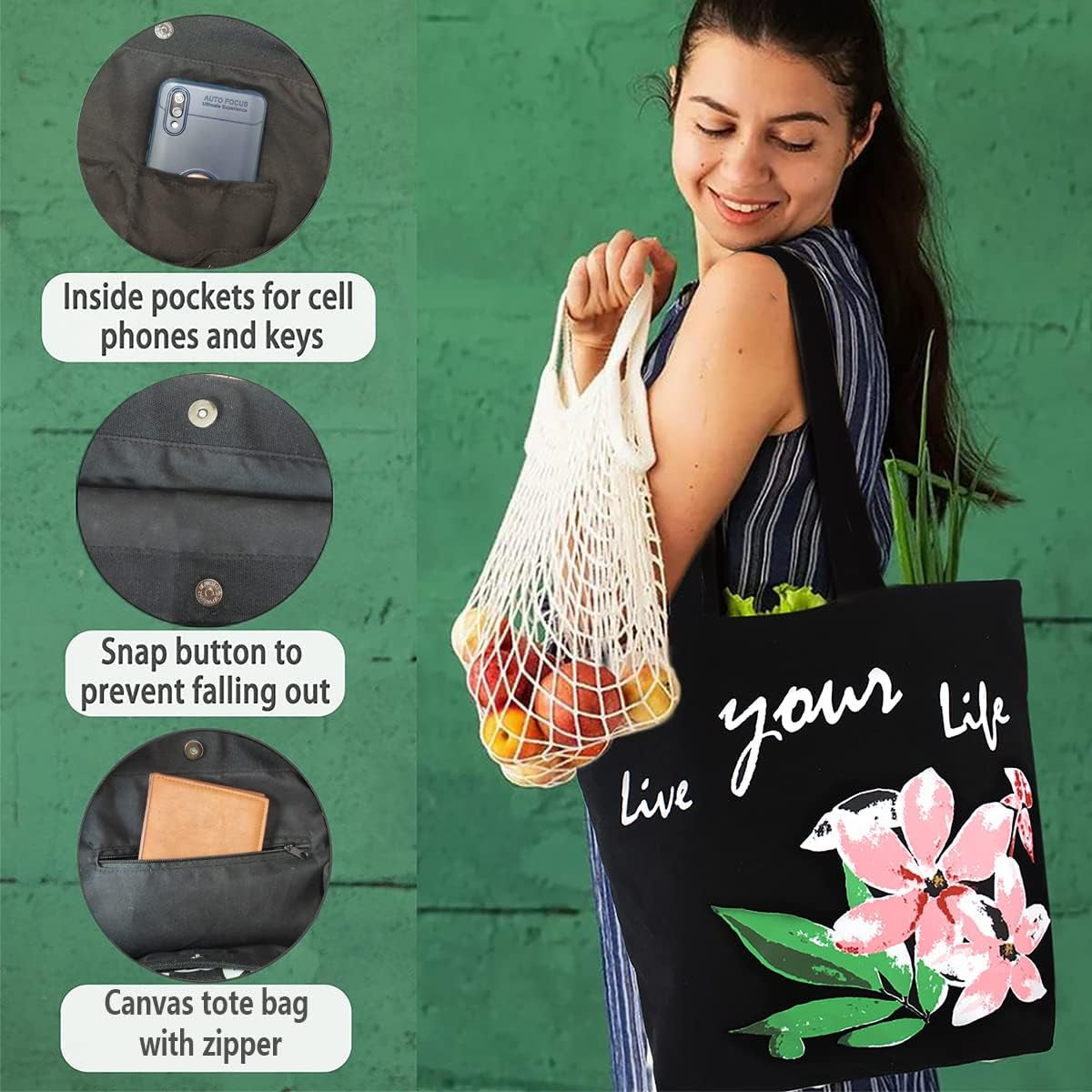 Canvas Tote Bag for Women, Beach Bags Reusable Gym Tote Bags Black with Colorful Flower- Large/Medium