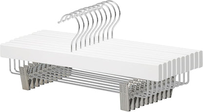 Durable Wooden Pants and Skirt Hangers with Clips - White, 10-Pack