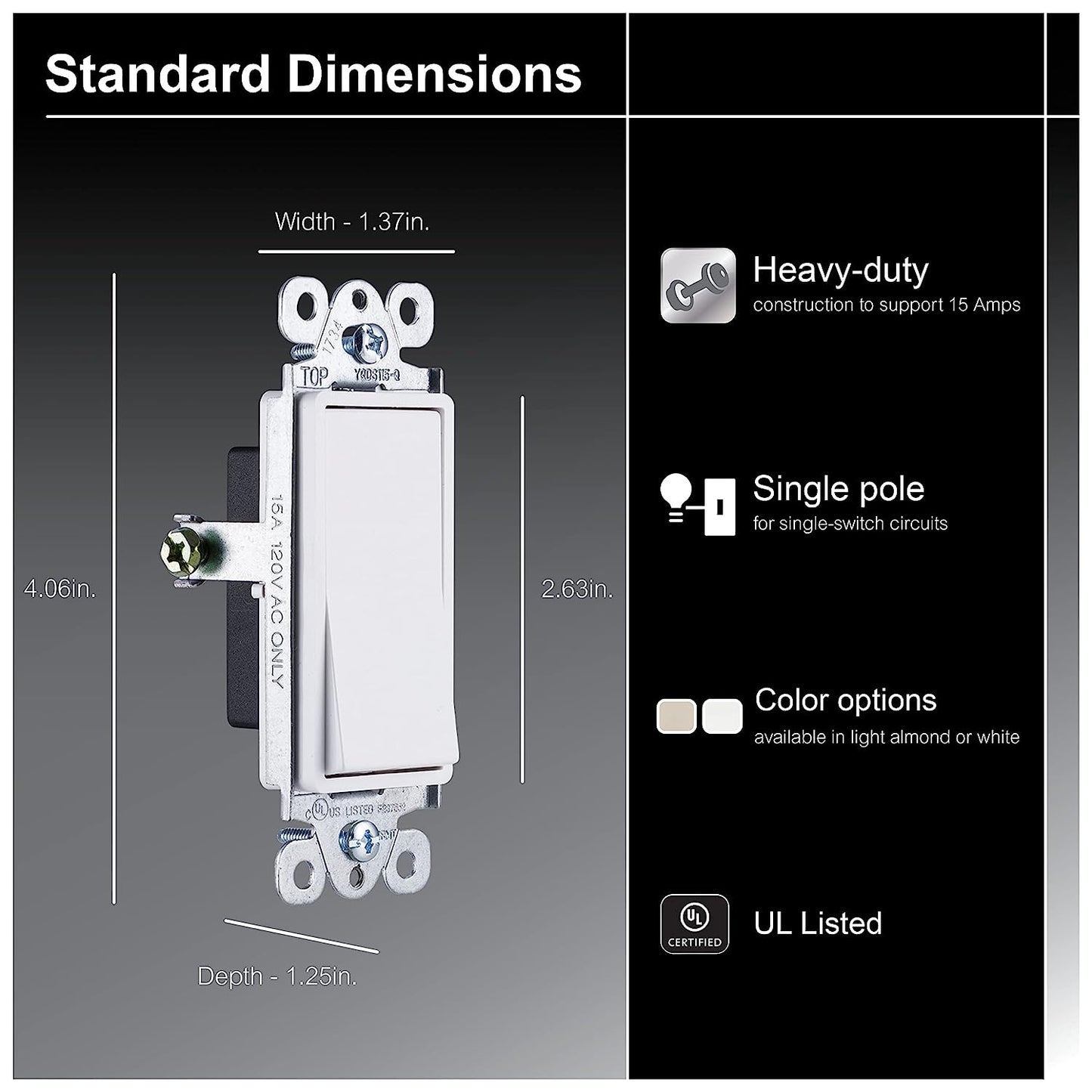 Paddle Rocker Switch - Single Pole Switch, On/Off, Replacement for Light Switches & Ceiling Fans, Grounding, UL Listed, White, 50726