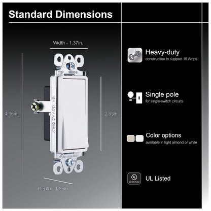 Paddle Rocker Switch - Single Pole Switch, On/Off, Replacement for Light Switches & Ceiling Fans, Grounding, UL Listed, White, 50726