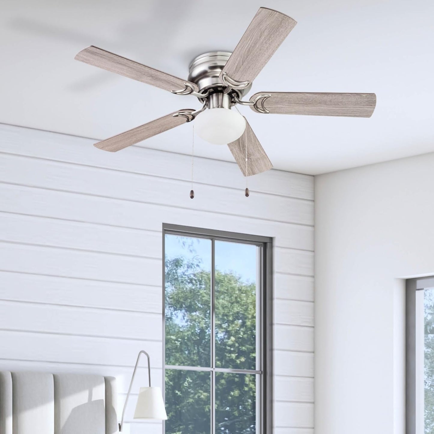 Alvina Traditional 44 Inch Ceiling Fan with Light, LED Flush Mount Ceiling Fan, Indoor Fan with 5 Blades, Gray Oak and Brown Walnut Blade Finish Options, Satin Nickel (51585-01)