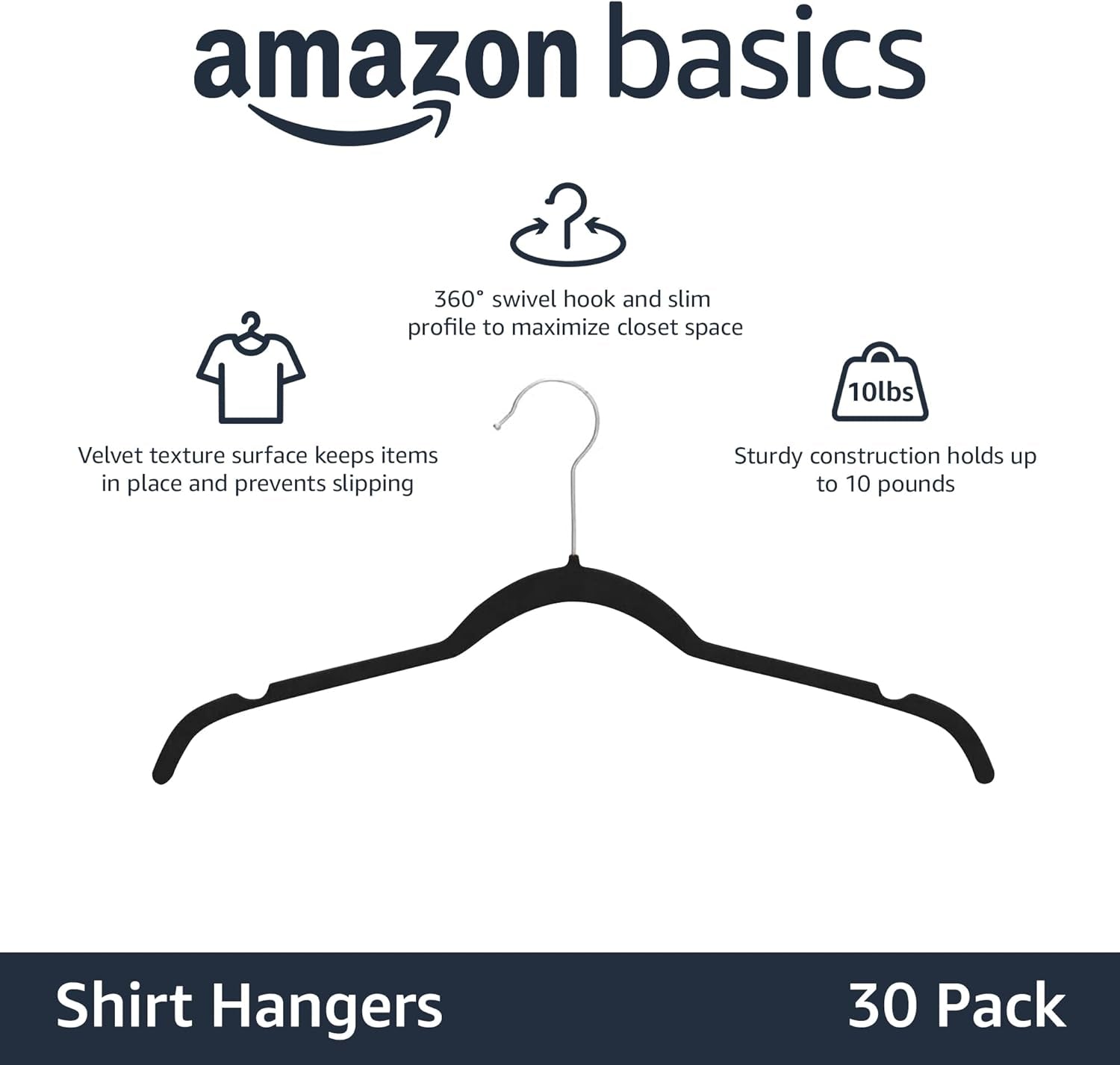 Slim, Velvet, Non-Slip Shirt Clothes Hangers, Pack of 30, Black