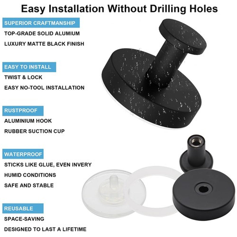 Demitumon 2 Pack Matte Black Suction Cup Shower Towel Hooks Heavy Duty Bathroom