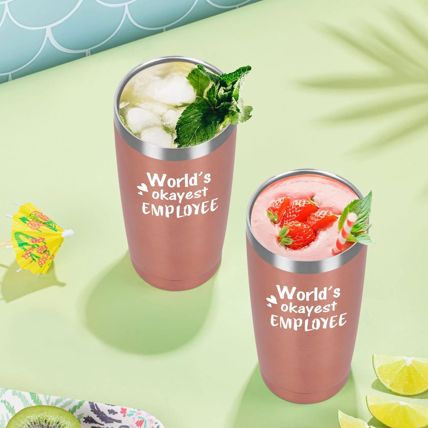Worlds Okayest Employee Travel Tumbler, Employee Gifts for Women, Inspirational Gift for Employee Team Work Coworker, Boss Day Gifts, Christmas Gifts, 20Oz Stainless Steel Tumbler, Rose Gold
