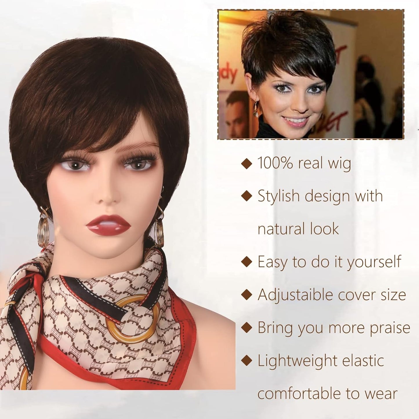 Short Human Hair Wigs for Women Pixie Cut Wig Haman Hair with Bangs Layered Short Hair Wigs Full Machine Made Wigs Brown Wig Party Daily Use(4#)