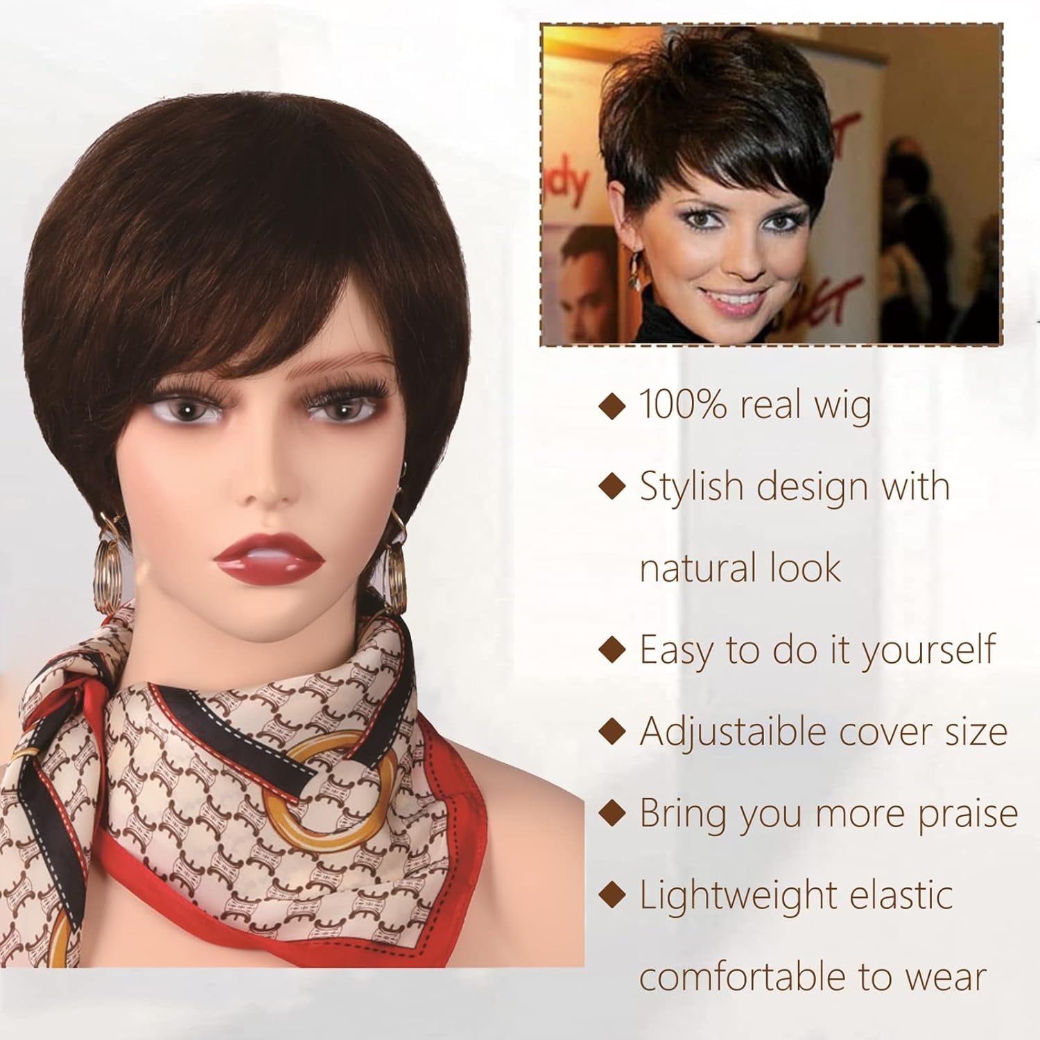 Short Human Hair Wigs for Women Pixie Cut Wig Haman Hair with Bangs Layered Short Hair Wigs Full Machine Made Wigs Brown Wig Party Daily Use(4#)