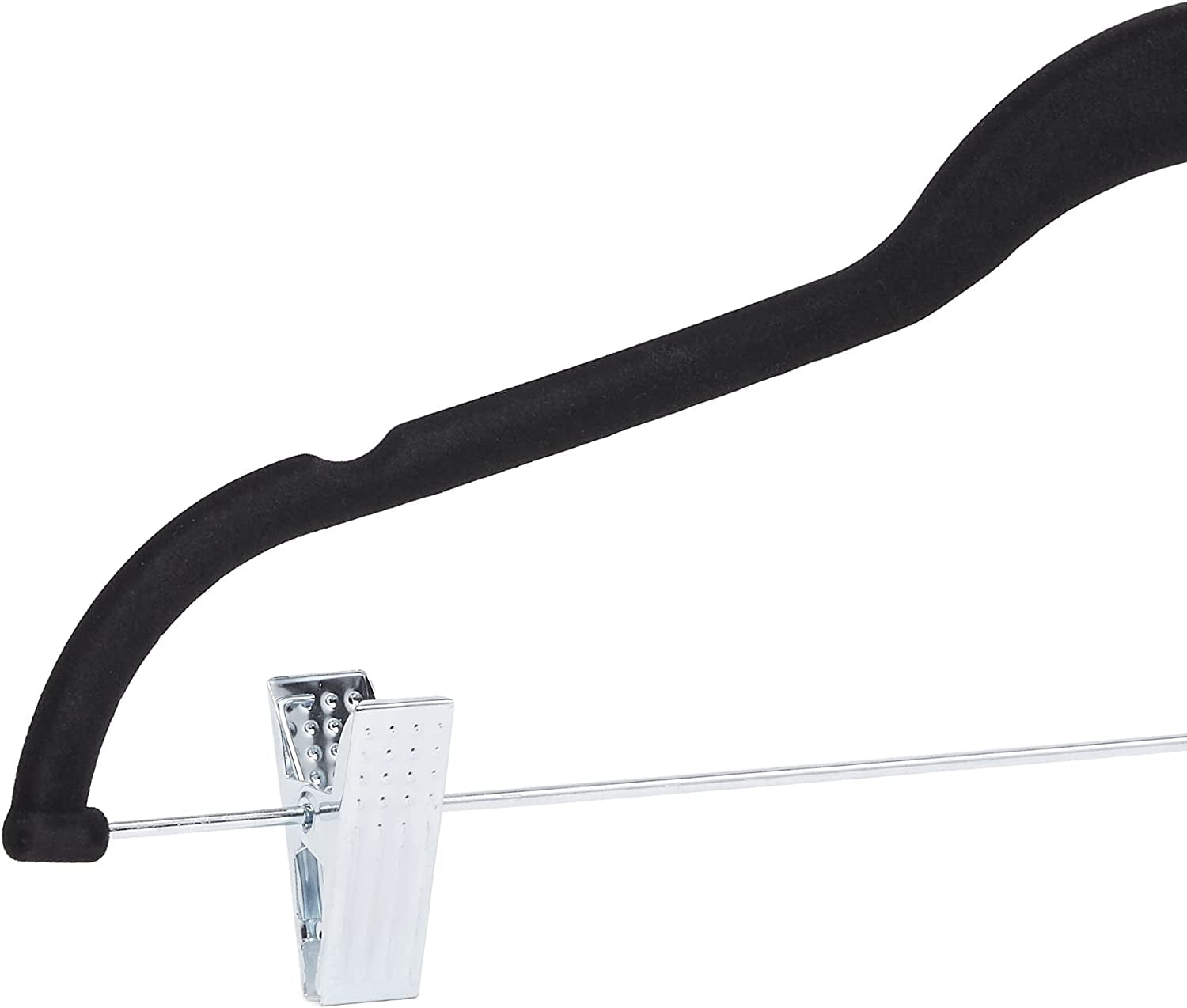 Velvet, Non-Slip Skirt Clothes Hangers with Clips, Organize Pants and Skirts, Black/Silver, Pack of 24