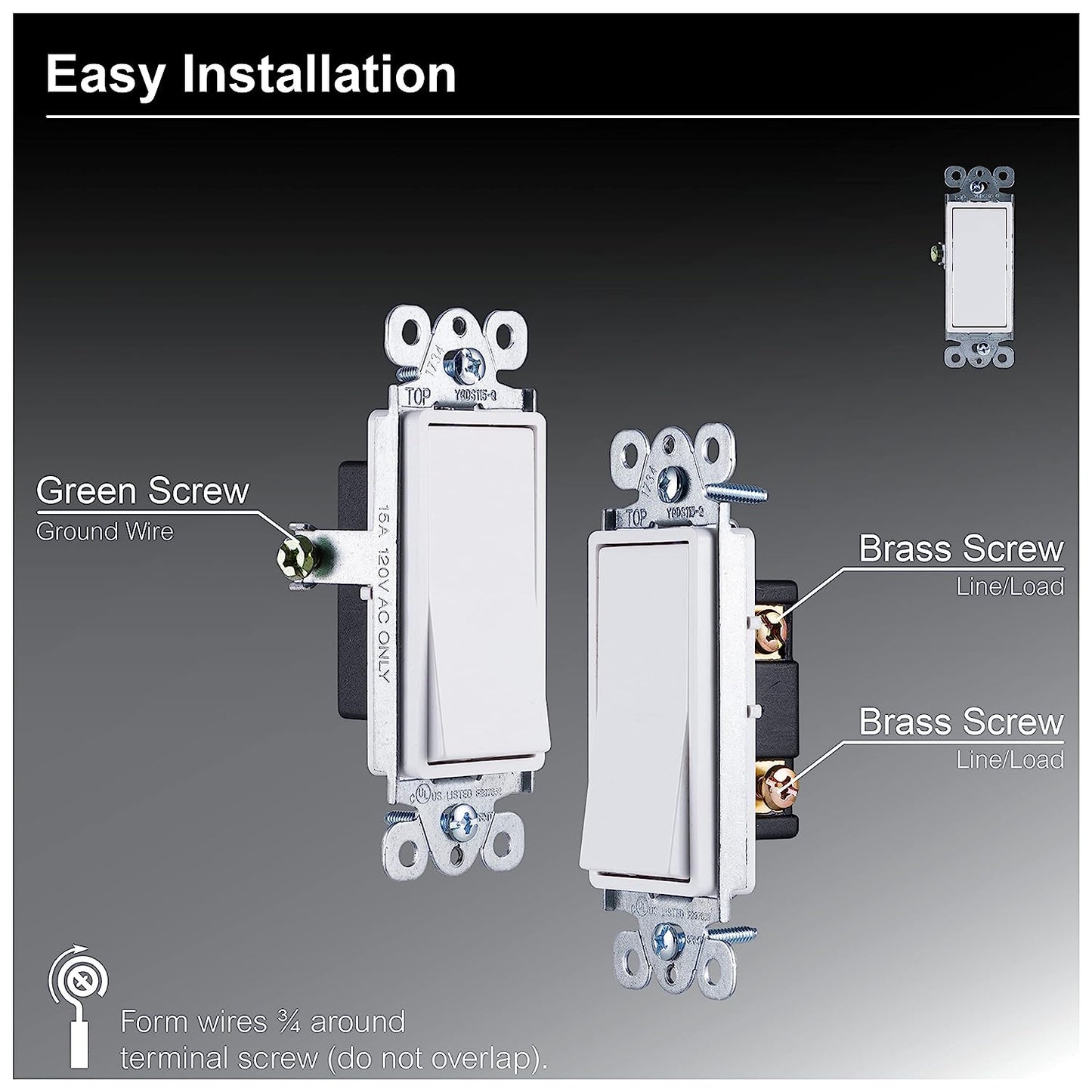 Paddle Rocker Switch - Single Pole Switch, On/Off, Replacement for Light Switches & Ceiling Fans, Grounding, UL Listed, White, 50726