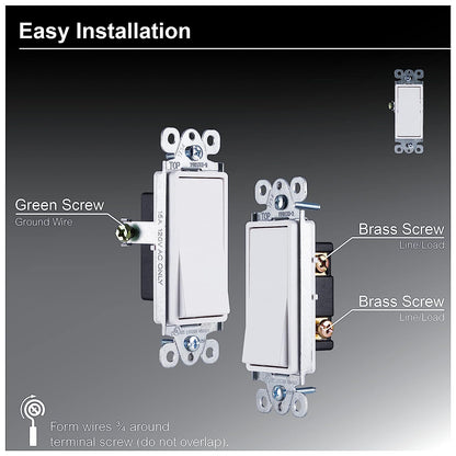 Paddle Rocker Switch - Single Pole Switch, On/Off, Replacement for Light Switches & Ceiling Fans, Grounding, UL Listed, White, 50726