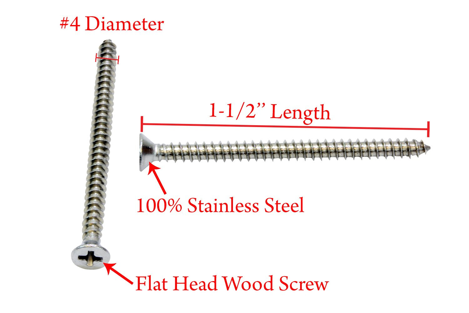 #4 X 1-1/2" Stainless Steel Flat Head Phillips Wood Screw, (100 Pc), 18-8 (304) Stainless Steel Sheet Metal Screws - Type a Point, Plain Finish