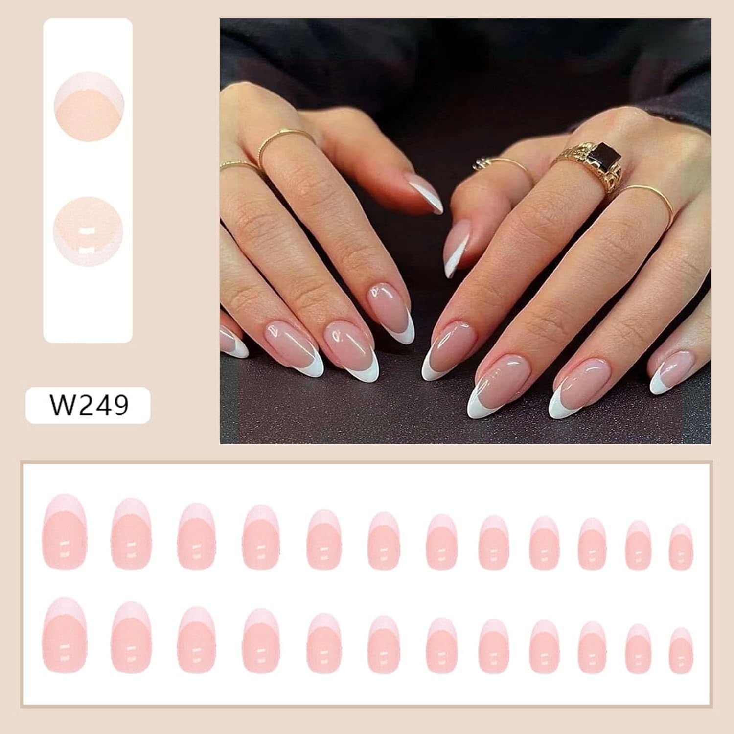 White French Tip Press on Nails - Short Oval Fake Nails for Daily Wear - Simple Glue on Light Pink Full Cover False Almond Acrylic Stick on Nails for Women - 24 Pcs