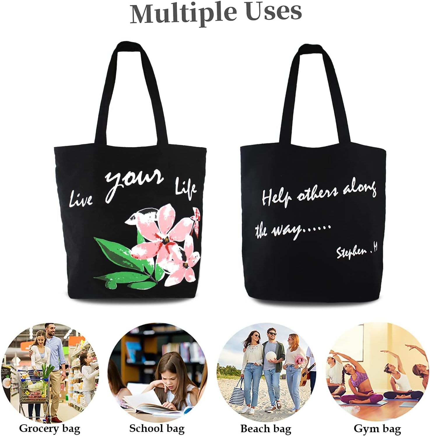 Canvas Tote Bag for Women, Beach Bags Reusable Gym Tote Bags Black with Colorful Flower- Large/Medium
