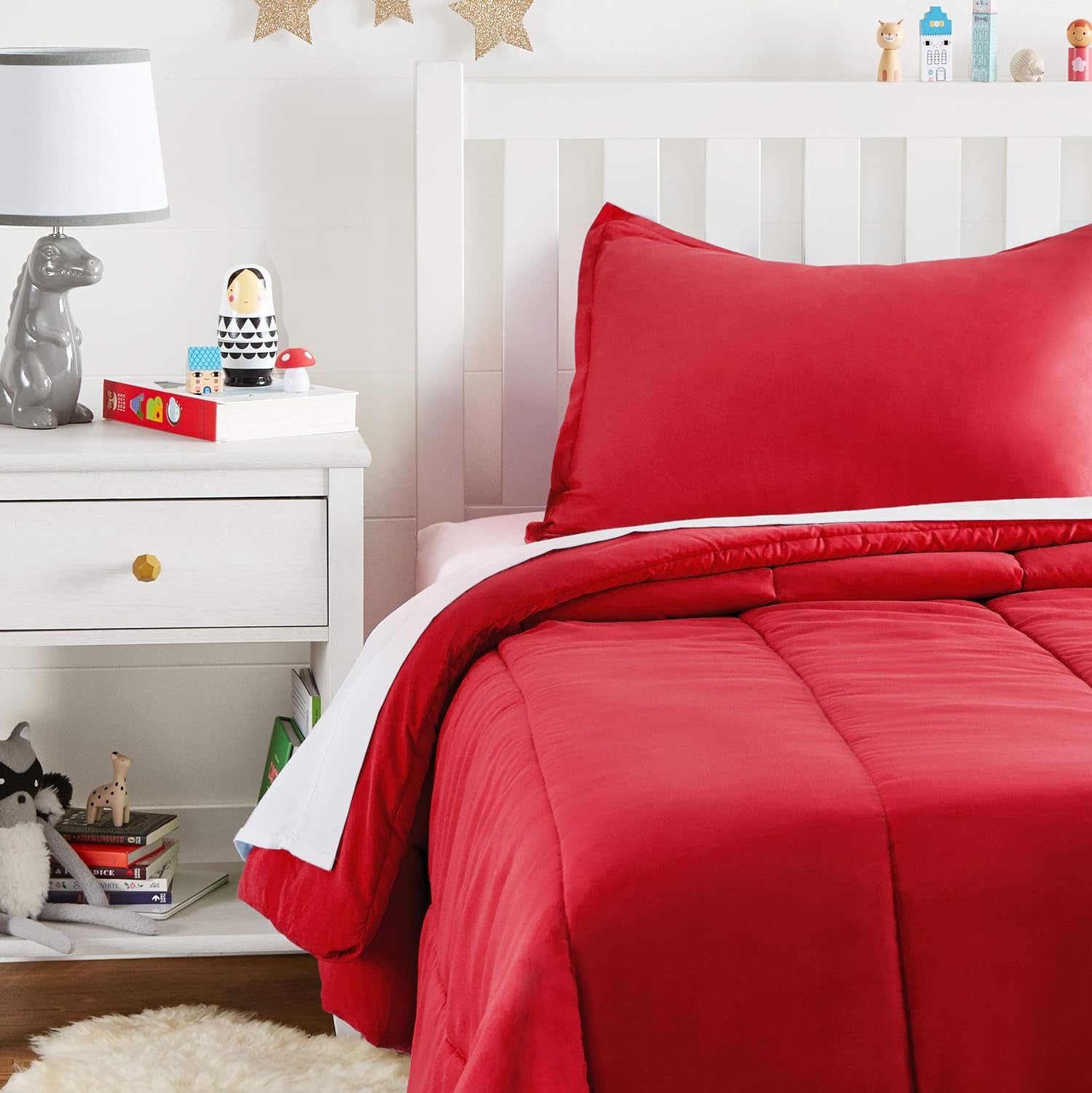 2 Piece Easy Wash Microfiber Kid'S Comforter and Pillow Sham Set, Twin, Red, Solid