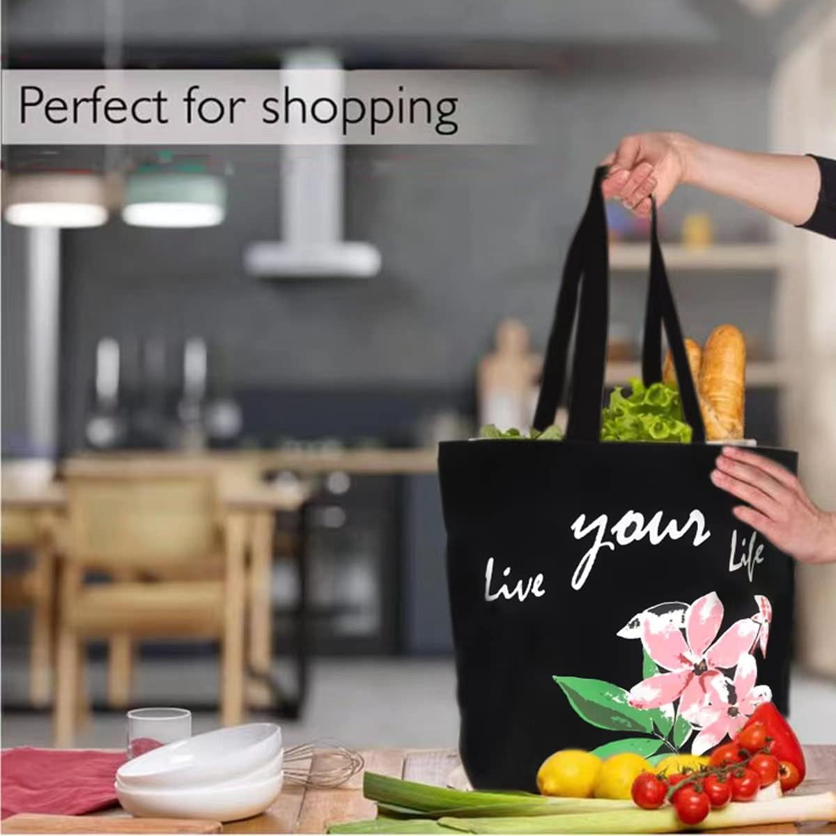Canvas Tote Bag for Women, Beach Bags Reusable Gym Tote Bags Black with Colorful Flower- Large/Medium