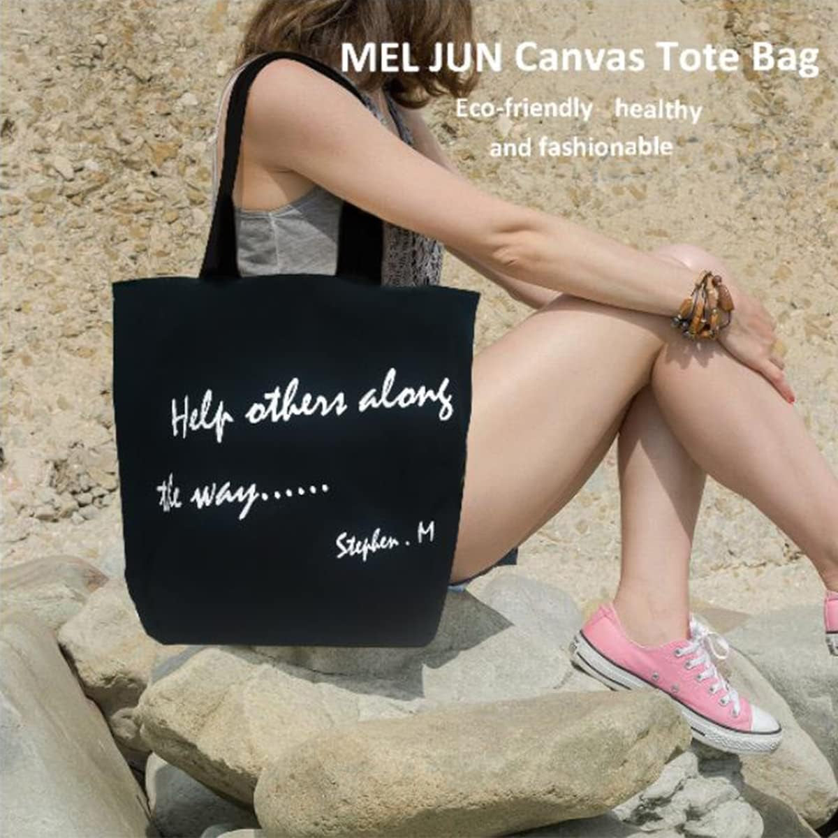 Canvas Tote Bag for Women, Beach Bags Reusable Gym Tote Bags Black with Colorful Flower- Large/Medium