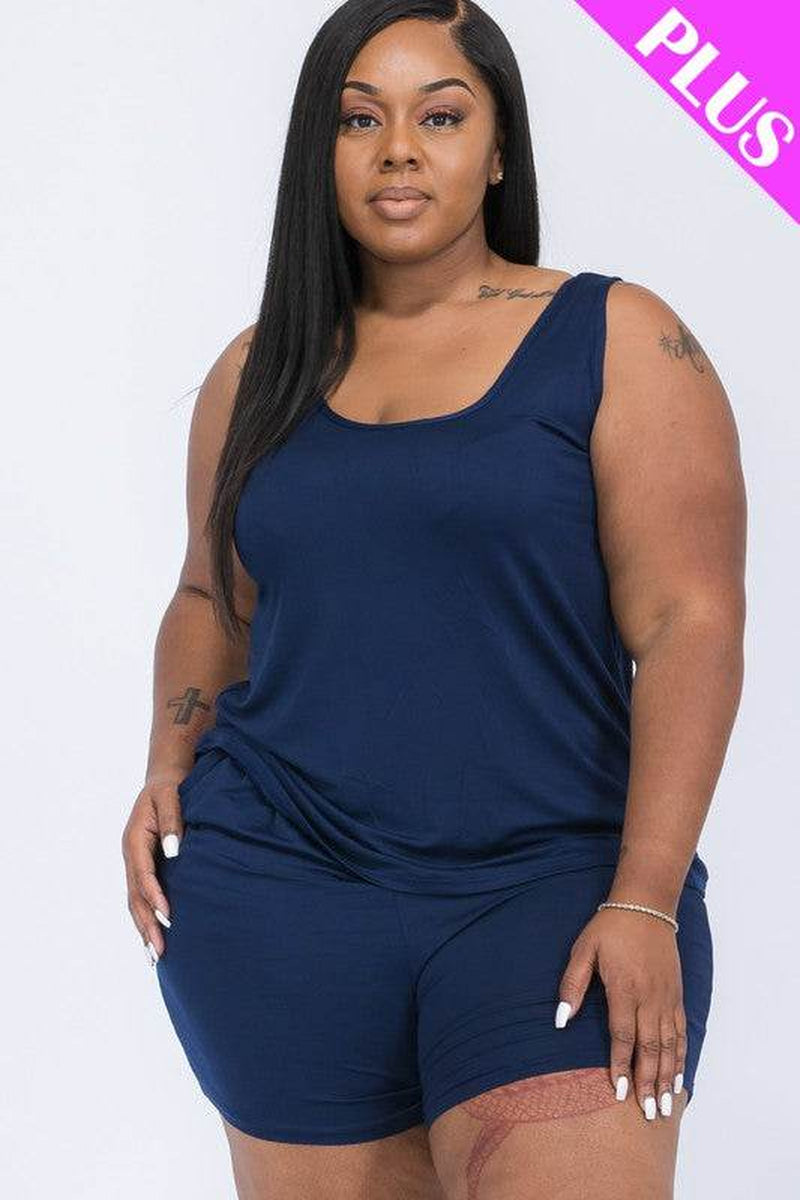 Plus Solid Comfy Tank Top & Shorts Set