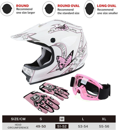 DOT Youth Kids Four Wheeler Girls Riding Helmets Motocross ATV Helmets Offroad Street Dirt Bike Go-Kart BMX MX Full Face Helmet Pink Butterfly Medium Size