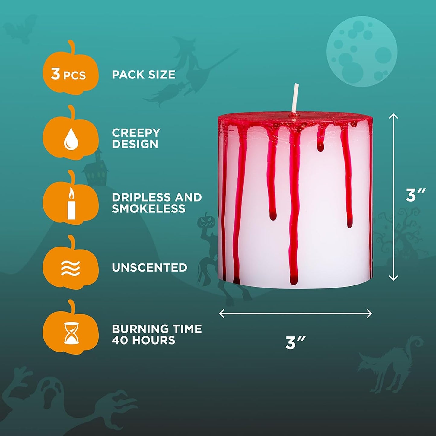 3X3 Pillar Candles Set of 3 - Rustic Unscented No Drip Bloody Candles for Halloween Decor, Parties, Gothic Décor