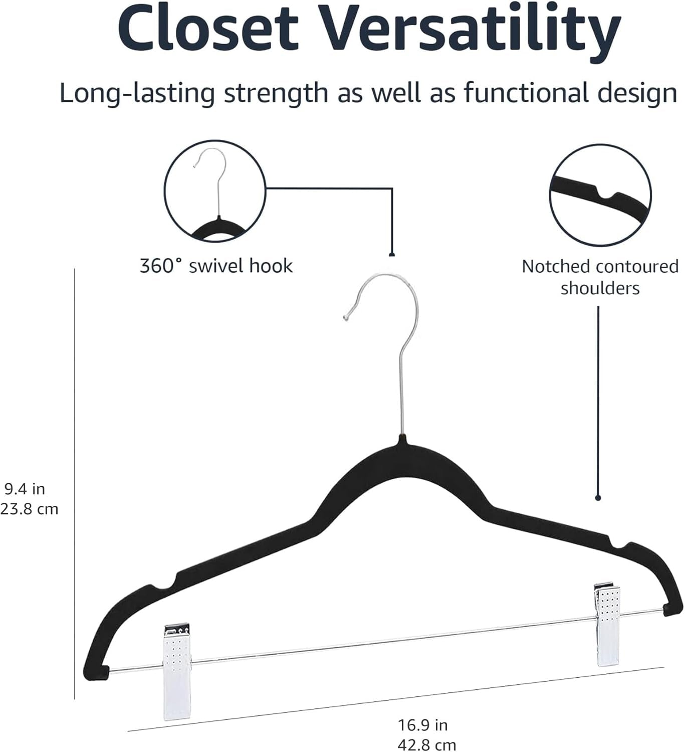 Velvet, Non-Slip Skirt Clothes Hangers with Clips, Organize Pants and Skirts, Black/Silver, Pack of 24
