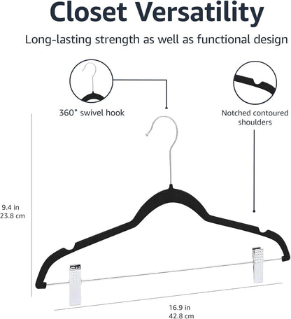 Velvet, Non-Slip Skirt Clothes Hangers with Clips, Organize Pants and Skirts, Black/Silver, Pack of 24