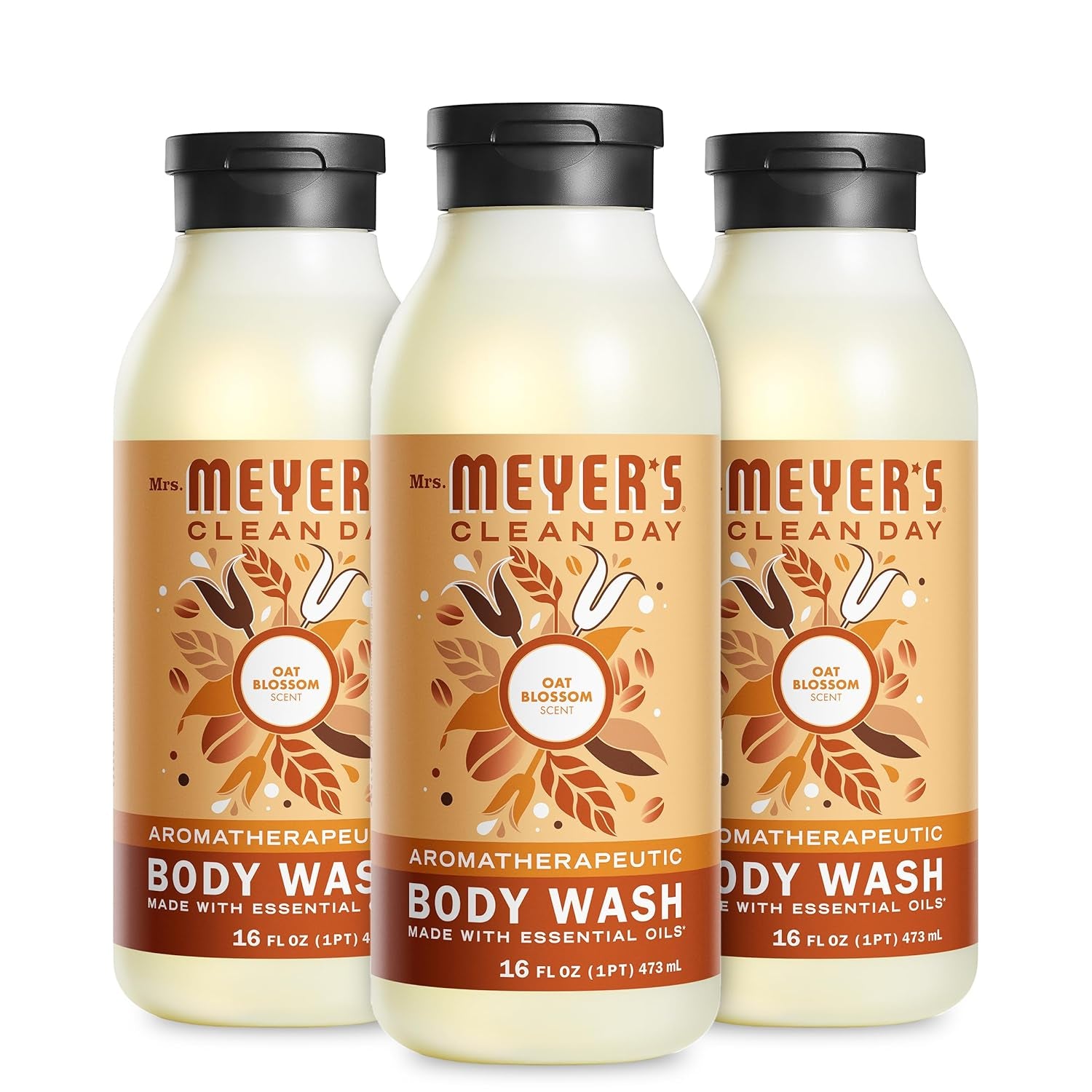 CLEAN DAY Moisturizing Body Wash for Women and Men, Biodegradable Shower Gel Formula Made with Essential Oils, Oat Blossom, 16 Oz Bottle, Pack of 3