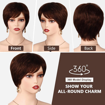 Short Human Hair Wigs for Women Pixie Cut Wig Haman Hair with Bangs Layered Short Hair Wigs Full Machine Made Wigs Brown Wig Party Daily Use(4#)