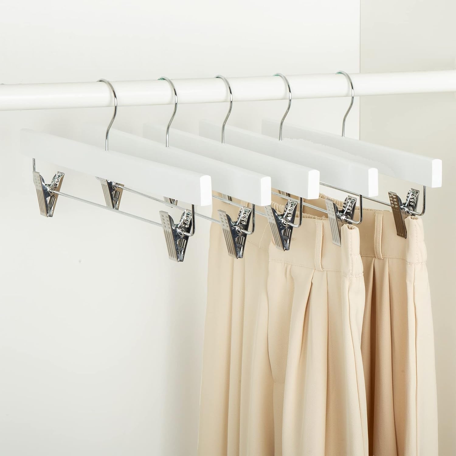 Durable Wooden Pants and Skirt Hangers with Clips - White, 10-Pack