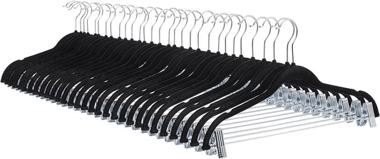 Velvet, Non-Slip Skirt Clothes Hangers with Clips, Organize Pants and Skirts, Black/Silver, Pack of 24