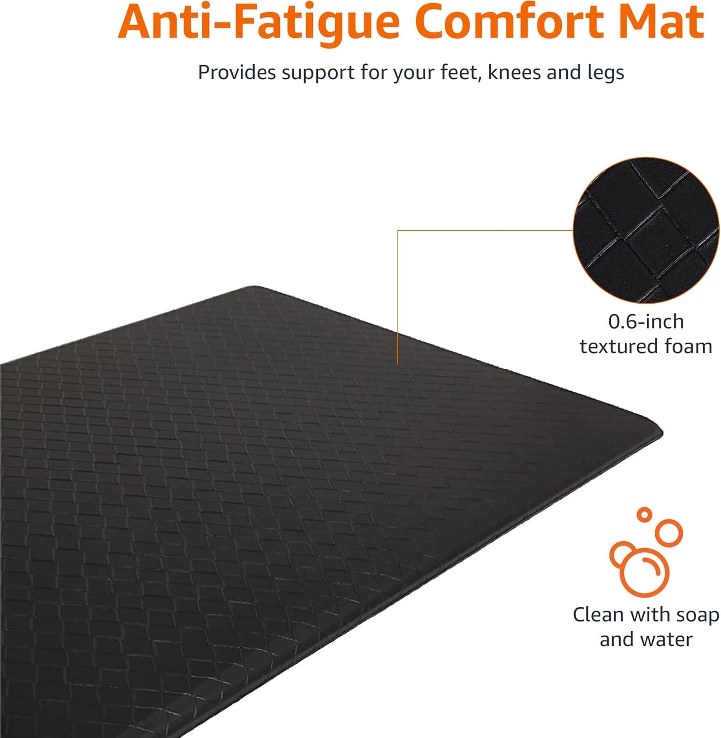 Anti-Fatigue Standing Mat, Non-Slip, Comfort Mat for Home and Office, 20W X 36L X 0.6Th In, Black, 1-Pack