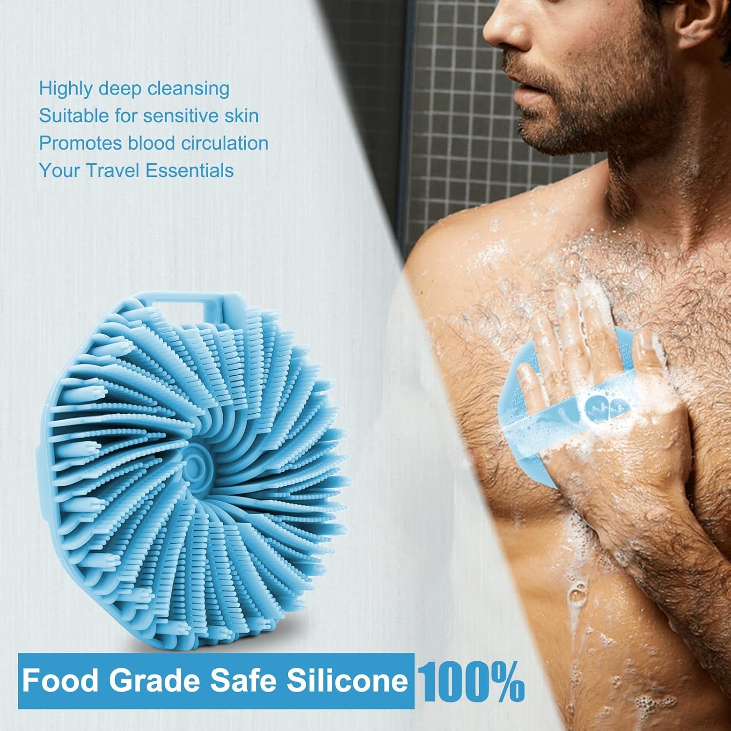 Silicone Body Scrubber, Body Wash Scrubber, Shower Scrubber for Body, Non-Slip Handle for Easy Cleaning, Travel Friendly (Blue)