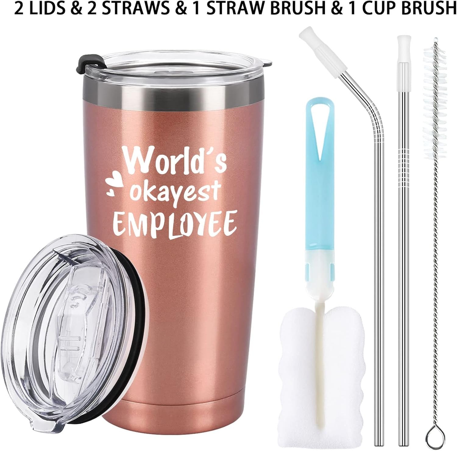 Worlds Okayest Employee Travel Tumbler, Employee Gifts for Women, Inspirational Gift for Employee Team Work Coworker, Boss Day Gifts, Christmas Gifts, 20Oz Stainless Steel Tumbler, Rose Gold