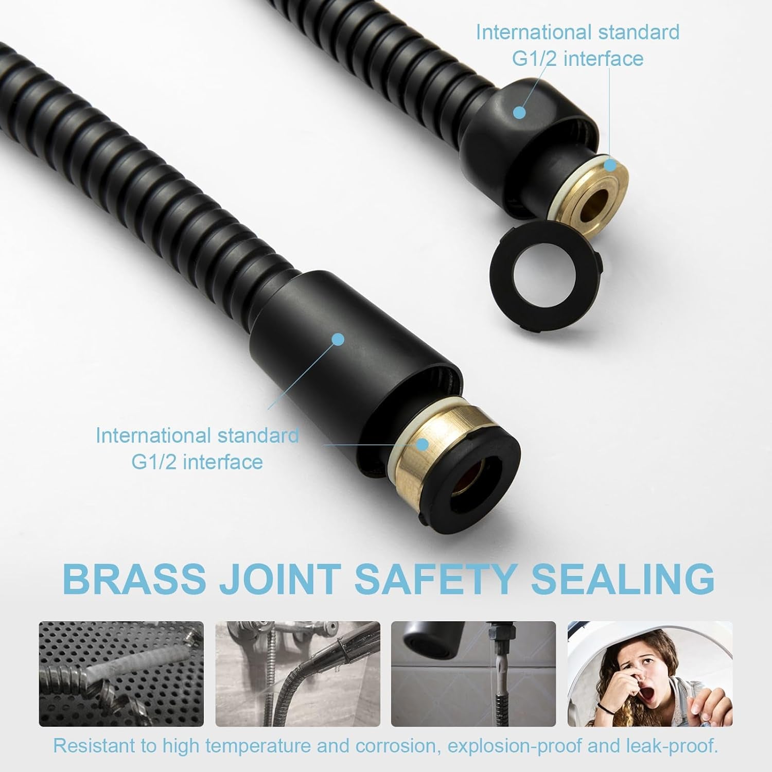 Shower Hose, Kink Free Stainless Steel Shower Hose Attachment Electroplating Handheld Shower Head Hose Flex Hoses Extension with Brass Insert & Nut for Pet Bathing Cleaning 60 In, Matte Black