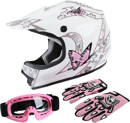 DOT Youth Kids Four Wheeler Girls Riding Helmets Motocross ATV Helmets Offroad Street Dirt Bike Go-Kart BMX MX Full Face Helmet Pink Butterfly Medium Size