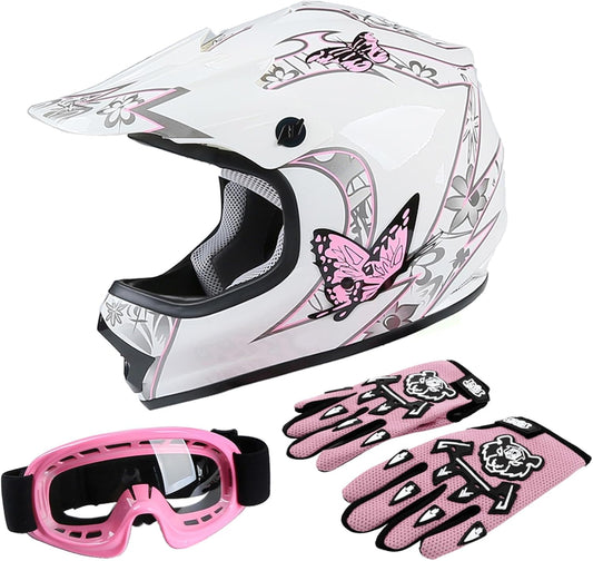 DOT Youth Kids Four Wheeler Girls Riding Helmets Motocross ATV Helmets Offroad Street Dirt Bike Go-Kart BMX MX Full Face Helmet Pink Butterfly Medium Size