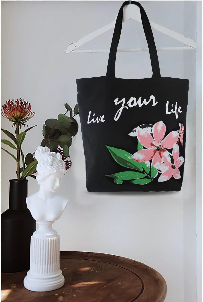 Canvas Tote Bag for Women, Beach Bags Reusable Gym Tote Bags Black with Colorful Flower- Large/Medium